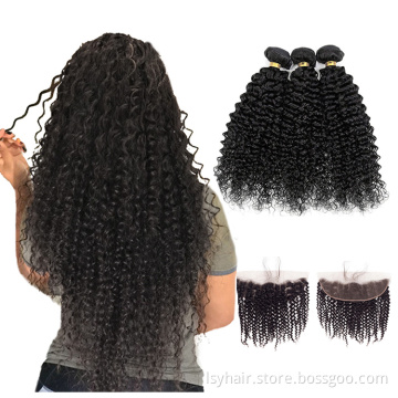 Pre-Colored Natural Hair Line Frontal with 3 Bundles 14 16 18  Kinky Curly #1B Remy Mongolian hair weave bundles
